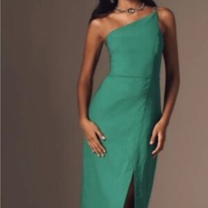 Anthropologie Green Sheath Dress with Square Neck and Slit